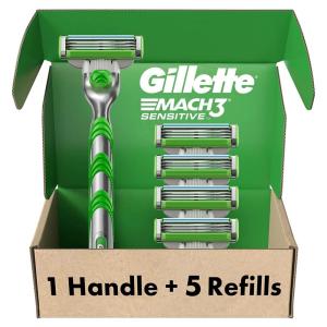 imageGillette Mach3 Sensitive Razors for Men 1 Handle 5 Blade Refills Designed for Sensitive Skin