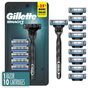 imageGillette Mach3 Shaving Razor for Men 1 Razor Gillette 3Blade Handle for Mens Grooming 10 Razor Blade Refills Lubrication Strip