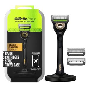 imageGilletteLabs With Exfoliating Bar Shaving Razor For Men 1 Handle 3 Blade Refills Includes Travel Case for Convenient Storage On The GoGold